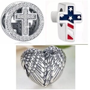 3 Silver Cross and Heart Angel Wing Charms Bundle